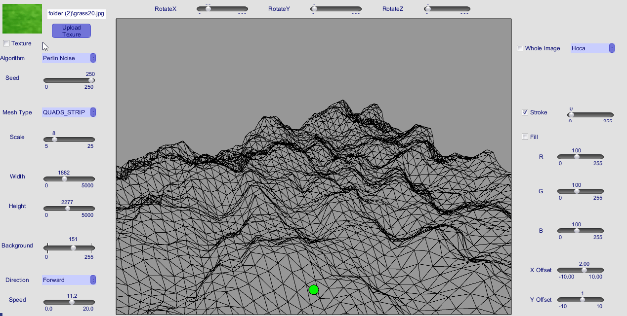 Terrain mesh wearing a tiled texture, sliding under the camera