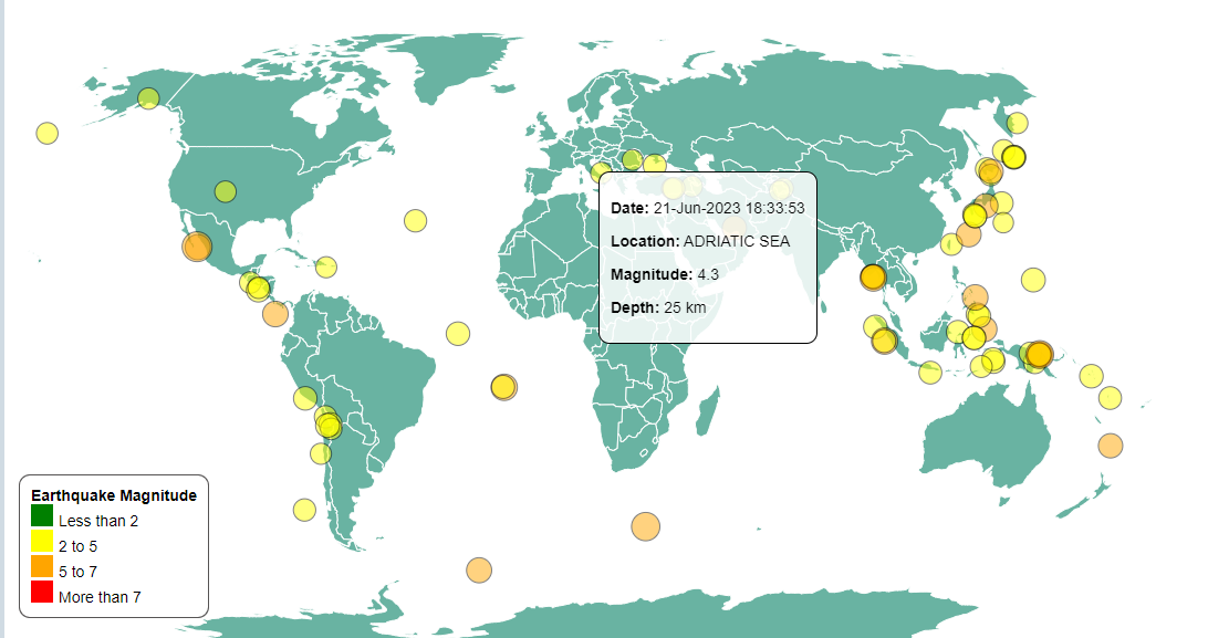 Map tooltip showing earthquake location, magnitude, depth, and time