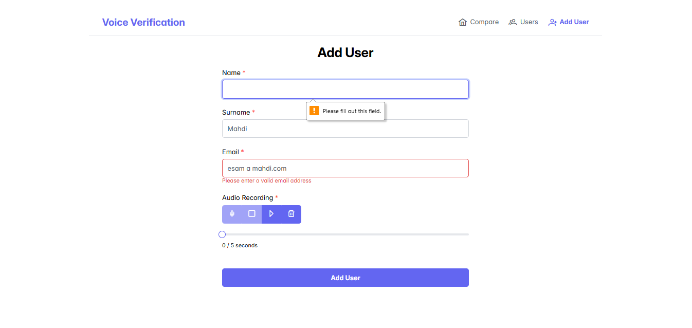 User registration form with voice sample uploaded