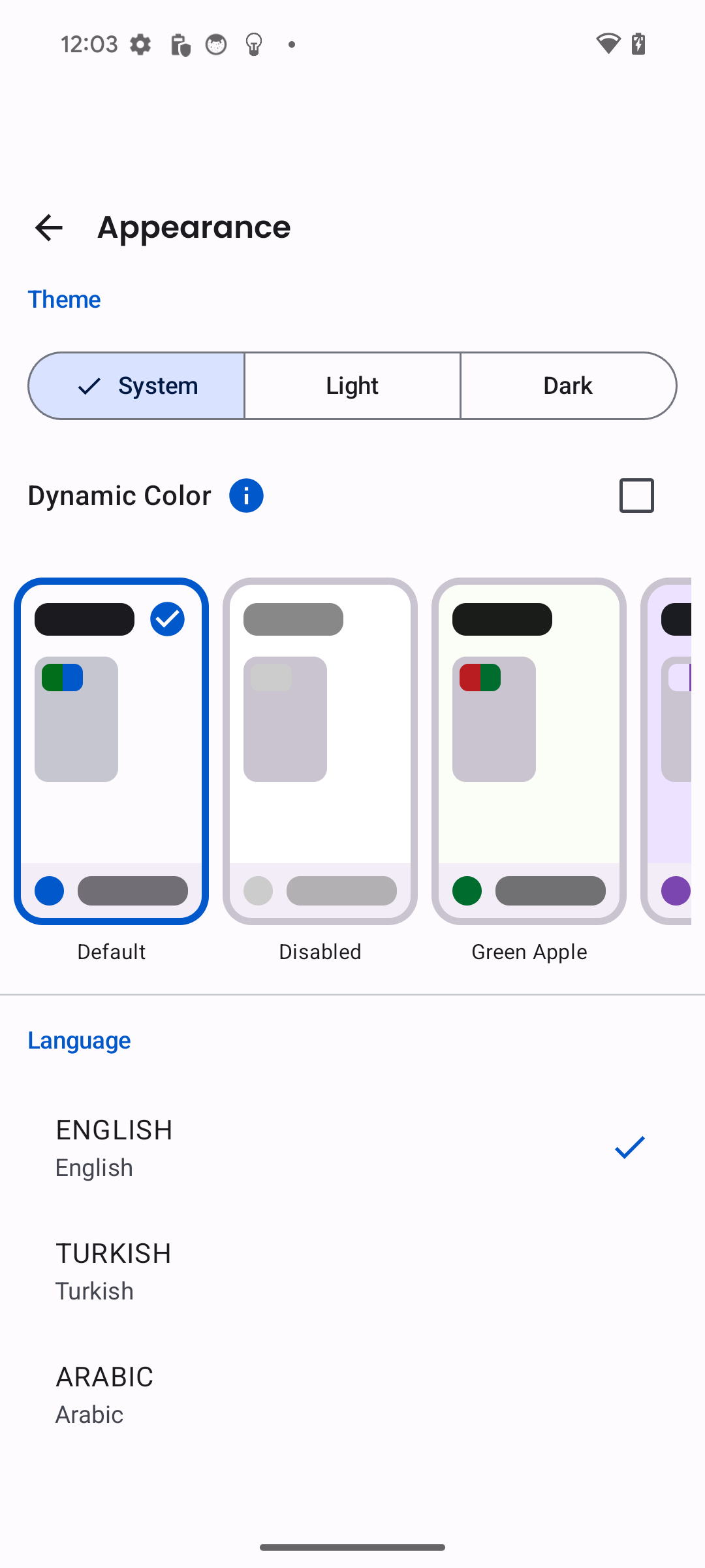 Appearance settings showing predefined themes and Material You toggle