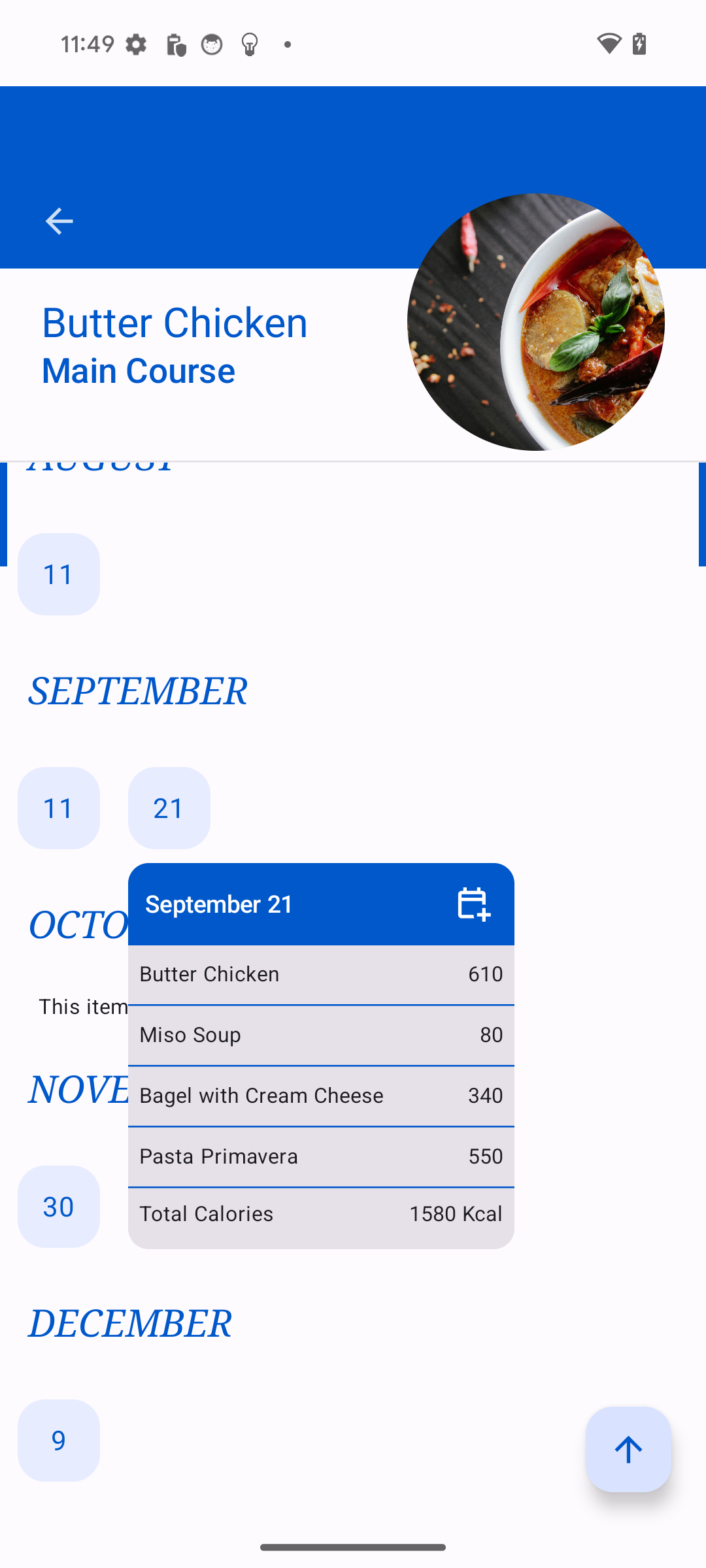 Food details screen showing meal items and add-to-calendar action